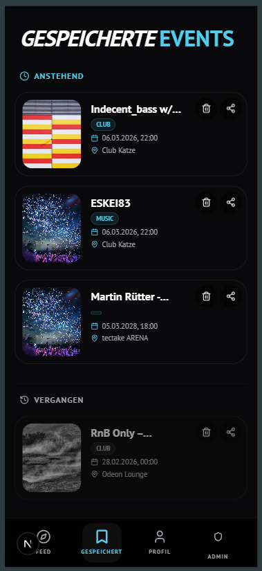nxtVIBE App: Liste gespeicherter Events, getrennt nach anstehend und vergangen